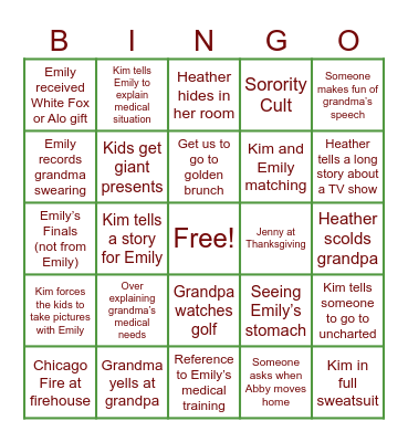 Stewart Family Bingo Card