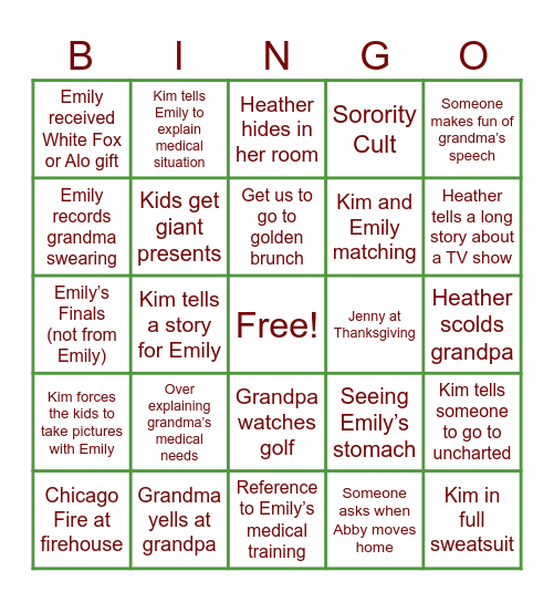 Stewart Family Bingo Card
