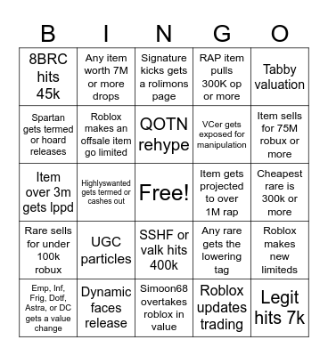 Roblox 2026 trading bingo Card