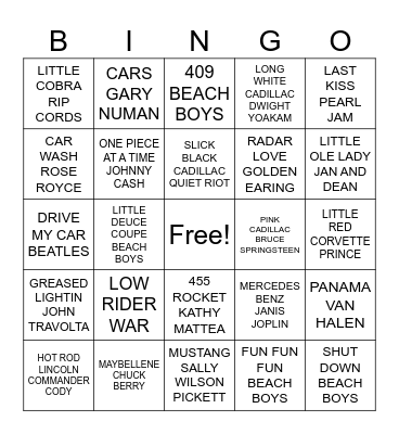 CAR SONGS Bingo Card
