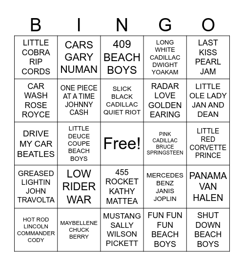CAR SONGS Bingo Card