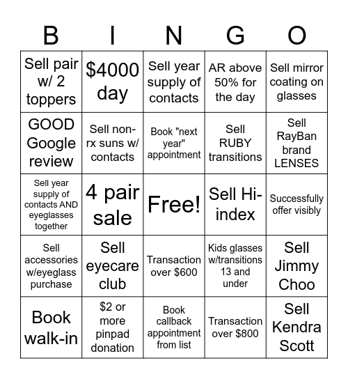Optician Bingo Card