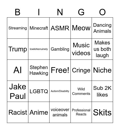 instragram Bingo Card