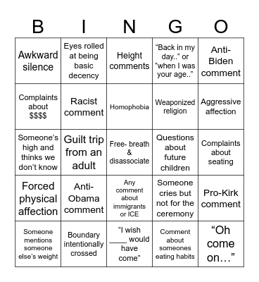 Wedding Survival Bingo Card