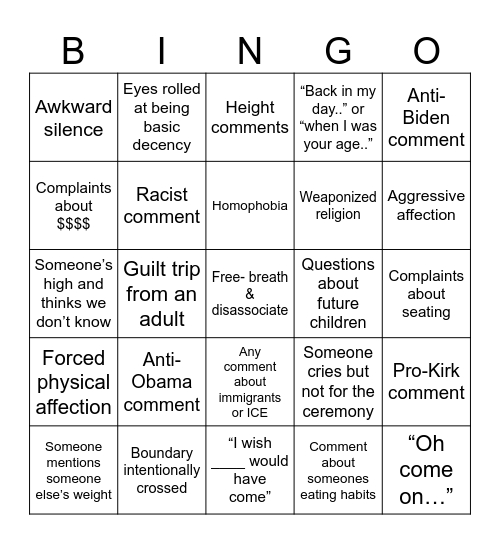 Wedding Survival Bingo Card