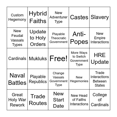 Crusader Kings 2026 Bingo Card