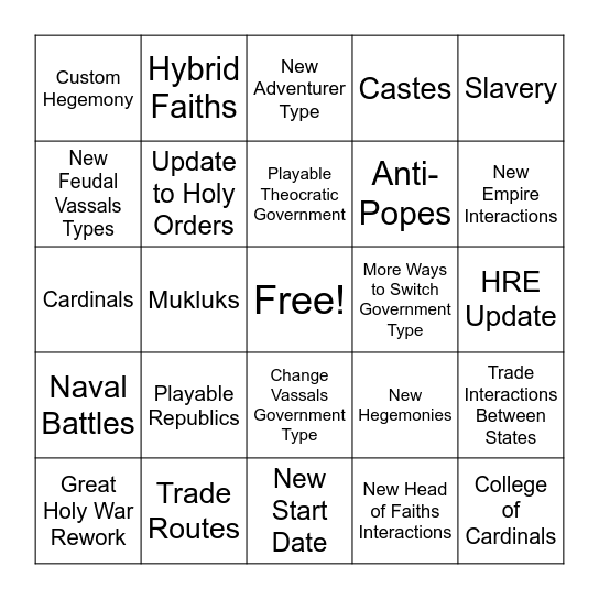 Crusader Kings 2026 Bingo Card