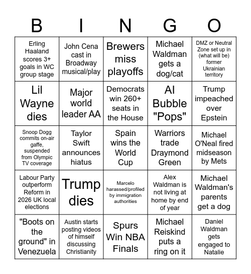 2026 Bingo Card Bingo Card