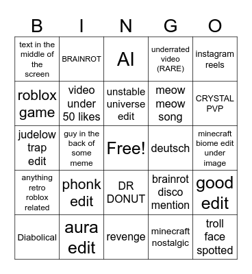 yt shorts bingo Card