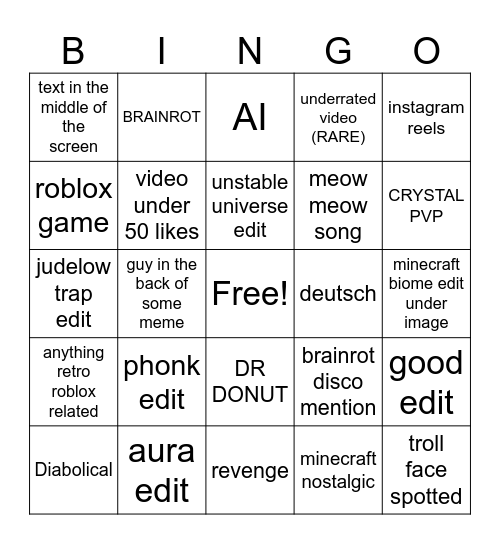 yt shorts bingo Card