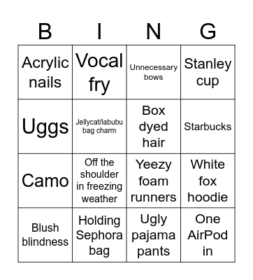 Preppy Bingo Card