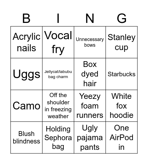 Preppy Bingo Card