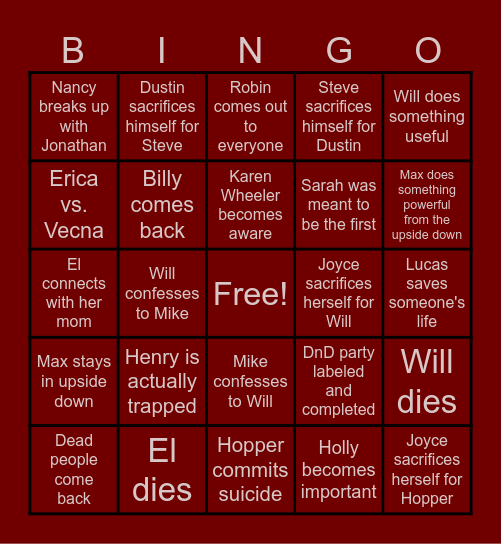 Stranger Things s05 Bingo Card