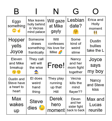 Stranger thing Bingo Card