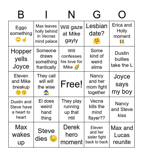 Stranger thing Bingo Card