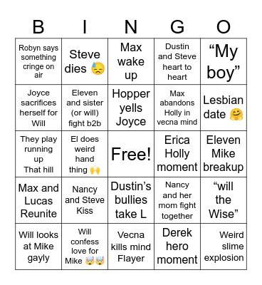 Stranger thing Bingo Card