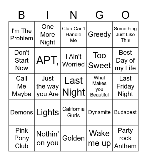 2010 to Today Hits Bingo Card