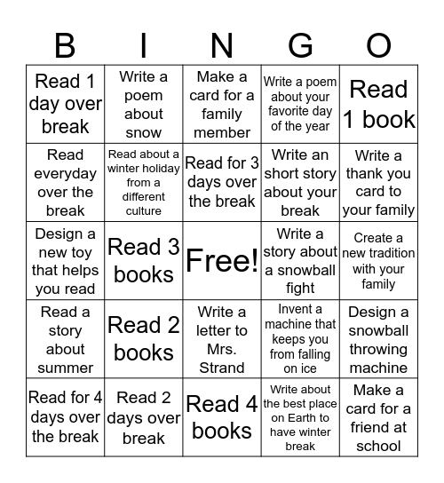 Winter Break Bingo  Bingo Card