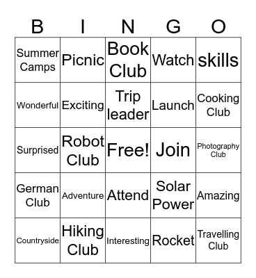 Vocabulary Bingo Card