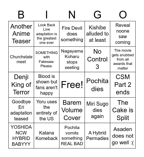 Chainsaw Man 2026 Bingo Card