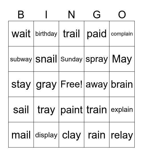 ai / ay Vowel Teams Bingo Card