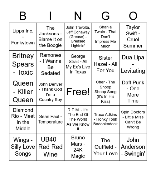 MUSIC BINGO #12 (BLACKOUT) Bingo Card