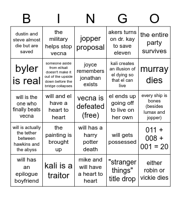 stranger things finale Bingo Card