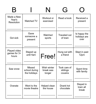 Welcome Back Bingo Card