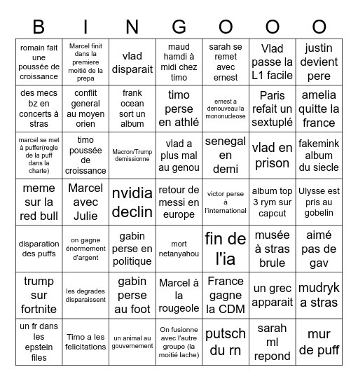 pas dans mon bingo 2026 Bingo Card