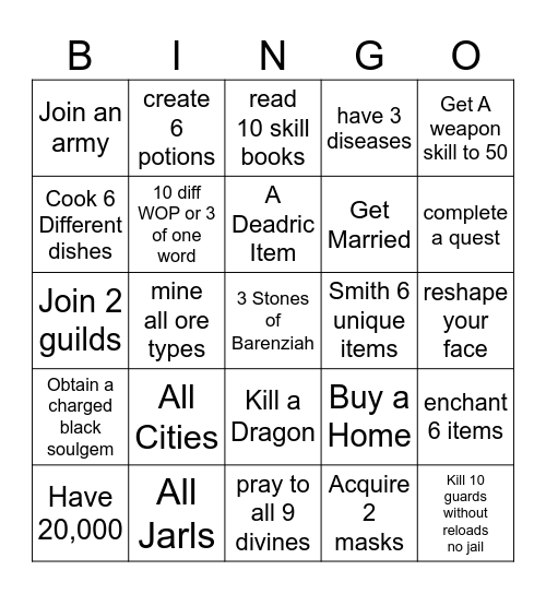 Skyrim Bingo Card