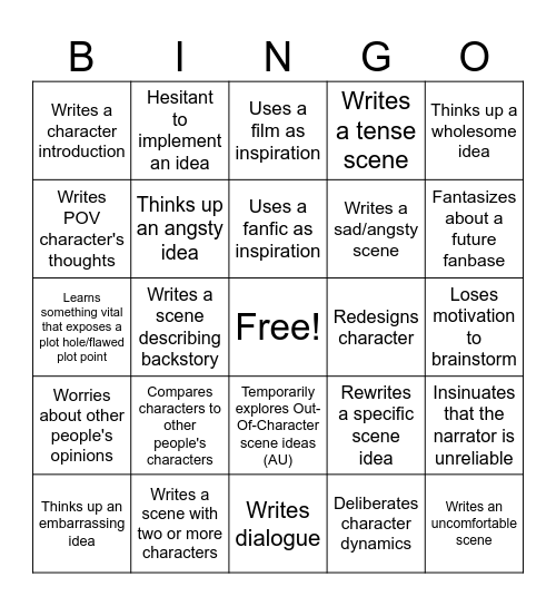 OC Story Brainstorming Bingo Card