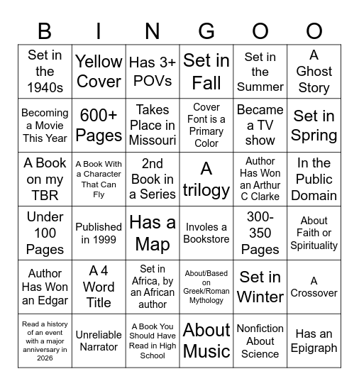 Book Bingo 2026 Bingo Card