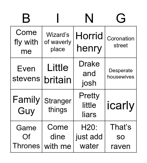 Movies/TV Theme Bingo Card