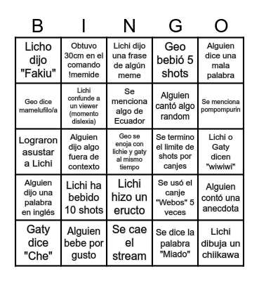 CHUPI BINGO STREAM !! Bingo Card