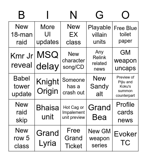 GBF Stream Bingo Card