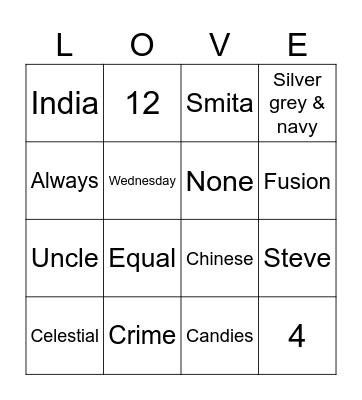 Smita & Steve's 25th Wedding Anniversary Bingo Card