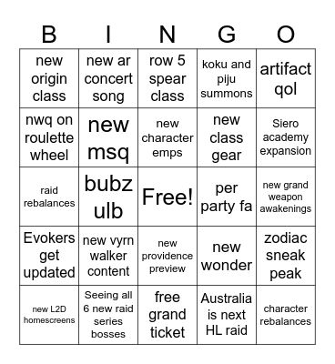GBF fes 2025 Bingo Card