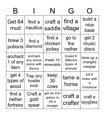 Minecraft challenge Bingo Card