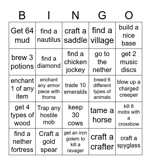 Minecraft challenge Bingo Card