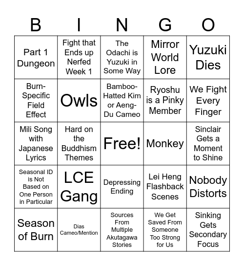 Canto 9 Bingo Sheet Bingo Card