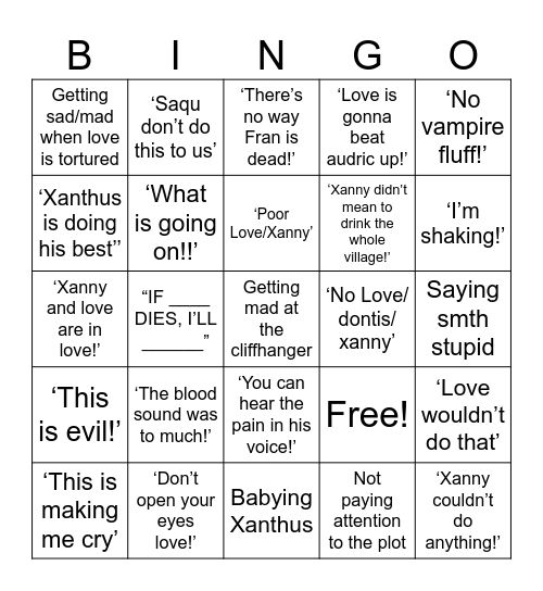 Xanthus ep 10 Bingo Card