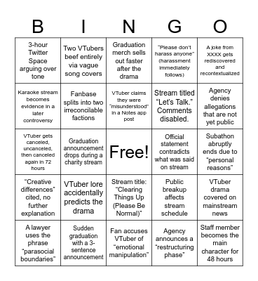 2026 VTuber Drama Predictions Bingo Card