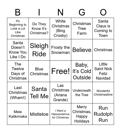 Christmas Music BINGO Card