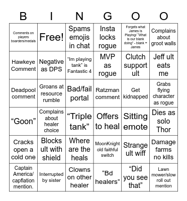 Marvel Rivals: Joshua Edition Bingo Card