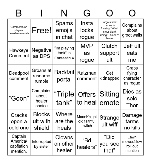 Marvel Rivals: Joshua Edition Bingo Card