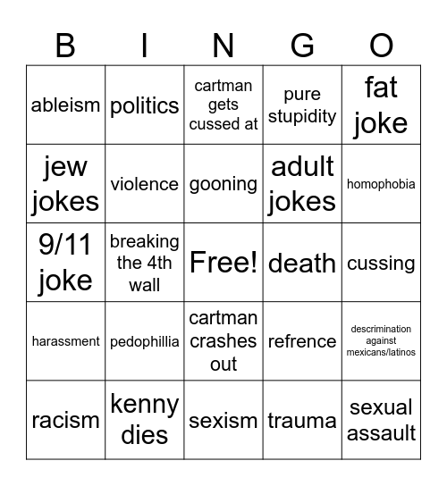South Park Bingo Card
