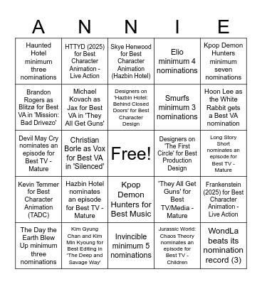53rd Annie Awards Nominations Bingo Card