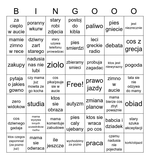 wyjazd z rodzicami bingo Card