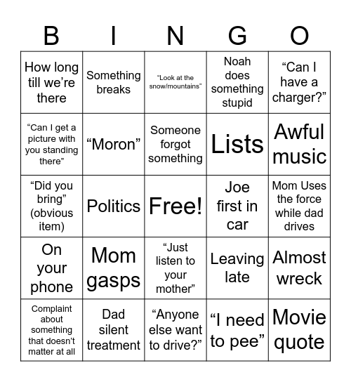 Trip Bingo Card