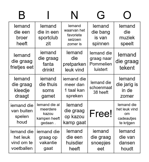 Kennismaking bingo Card